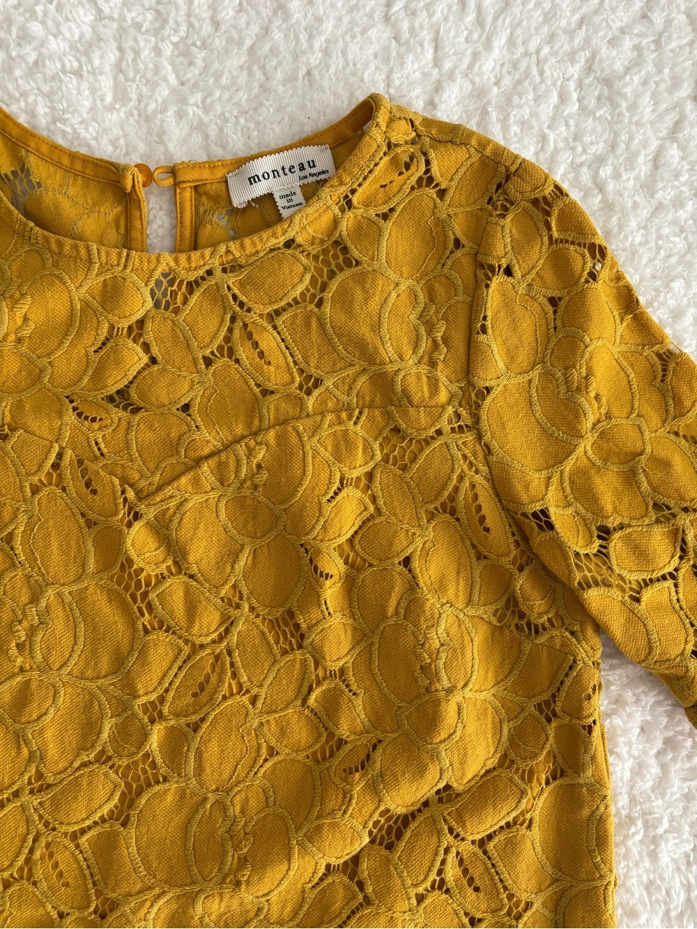 Monteau Los Angeles Mustard Yellow Crochet Lace Top Ruffle Sleeve Women’s Small - Picture 3 of 6